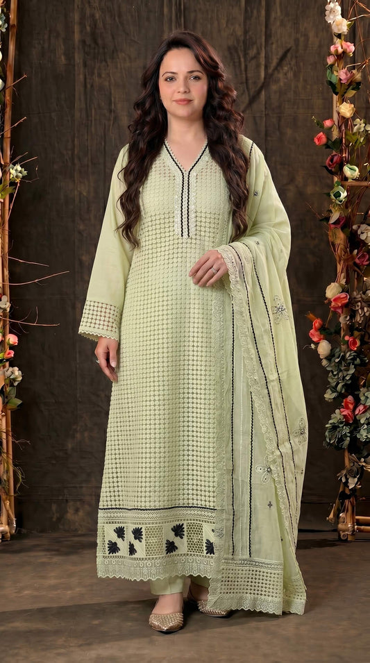 Designer Zut Mull Cotton Suit with Elegant Black Detailing