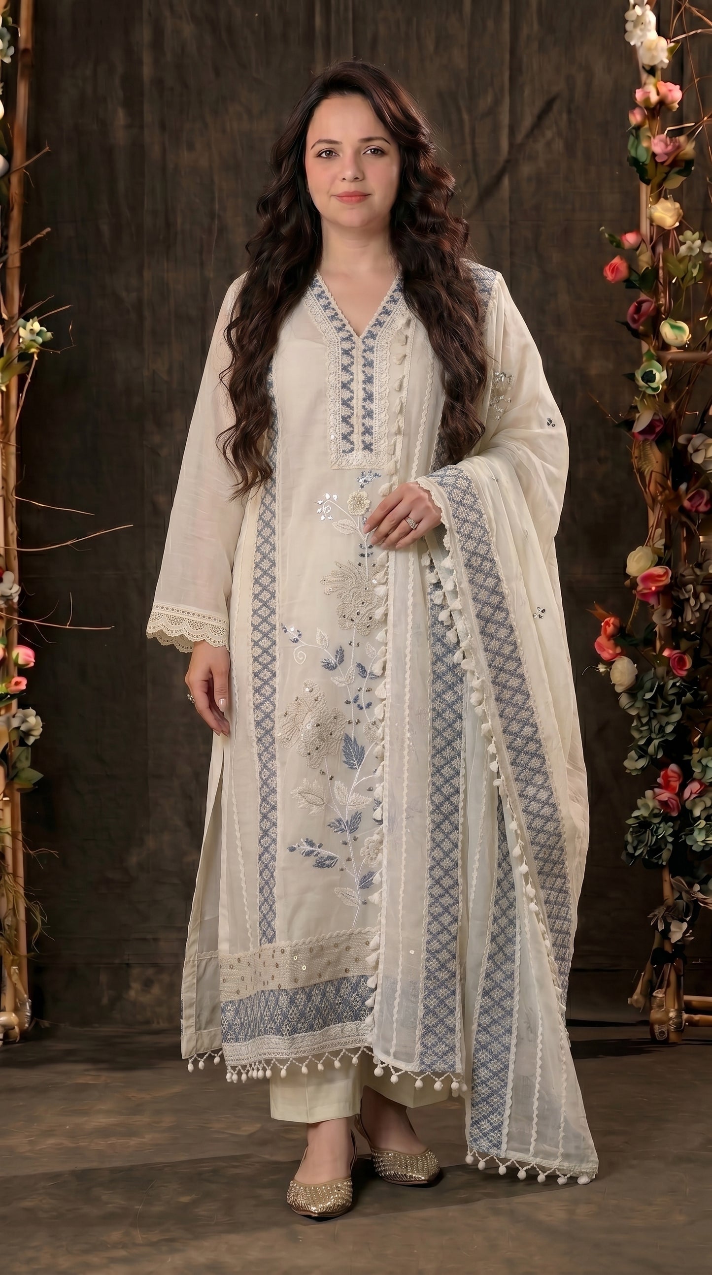 Soft Ivory Floral Pakistani Mull Cotton Suit with Blue Embroidery