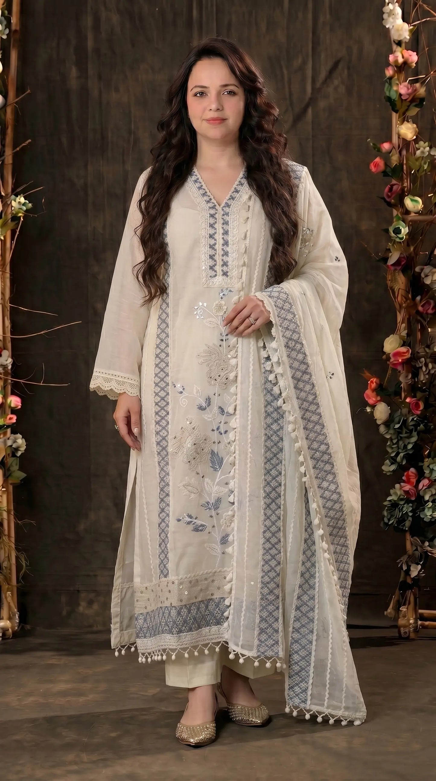 Soft Floral Pakistani Mull Cotton Suit with Blue Embroidery