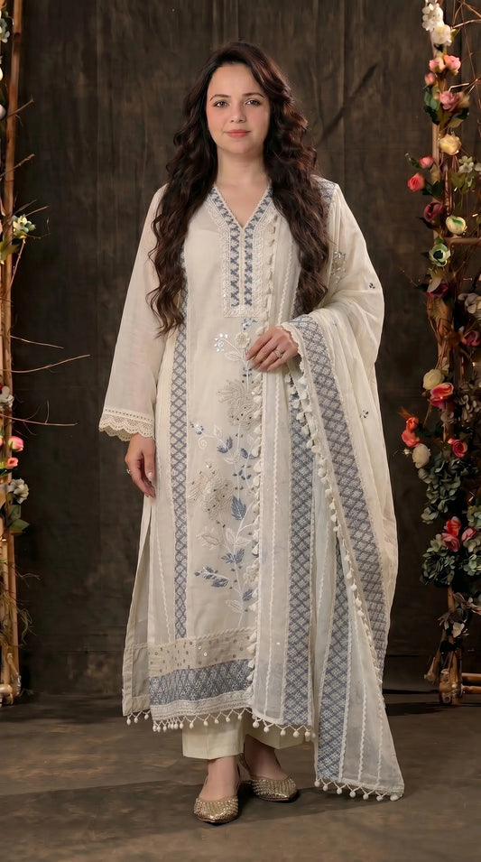 Soft Floral Pakistani Mull Cotton Suit with Blue Embroidery