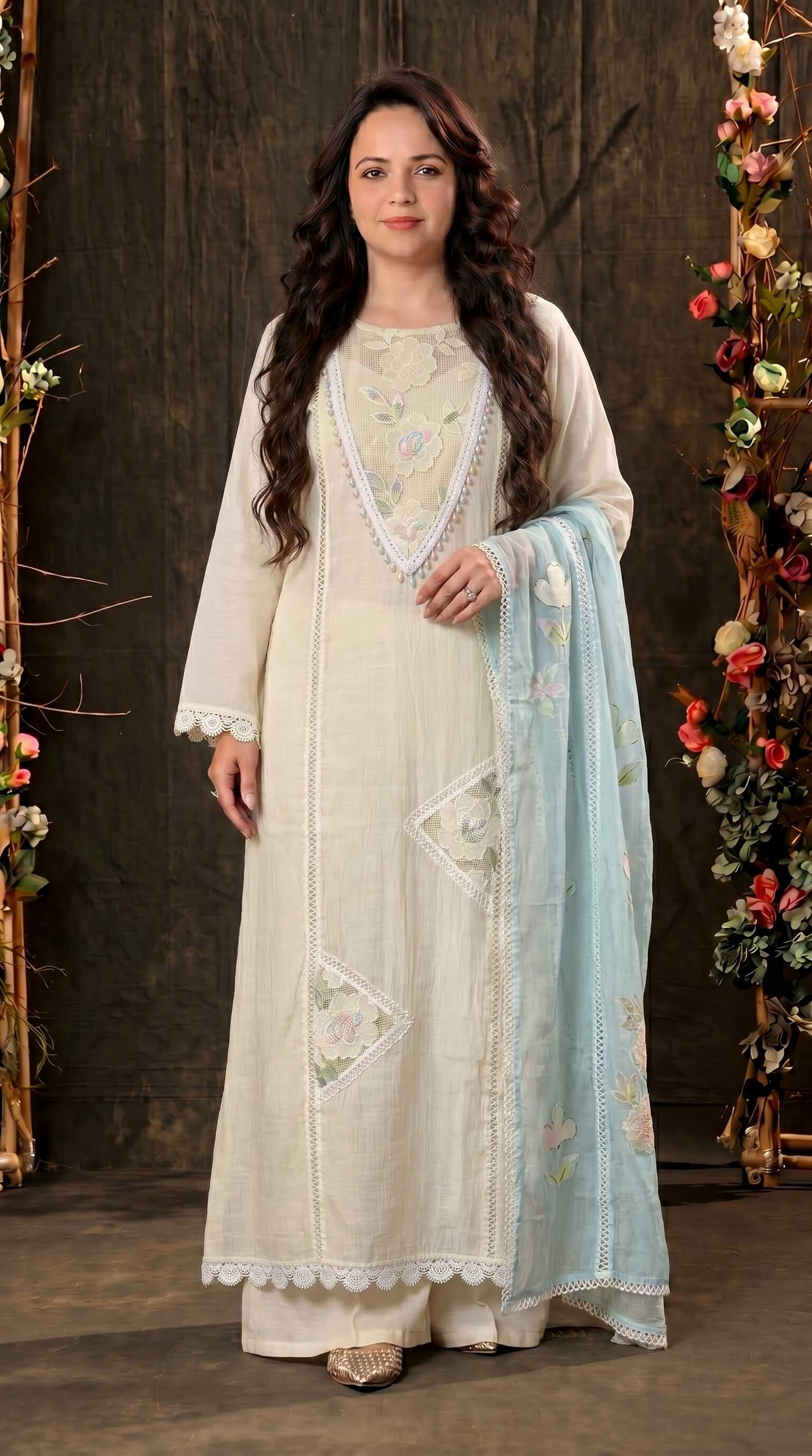 White Floral Ethnic Suit with Embroidered Mull Cotton Blue Dupatta