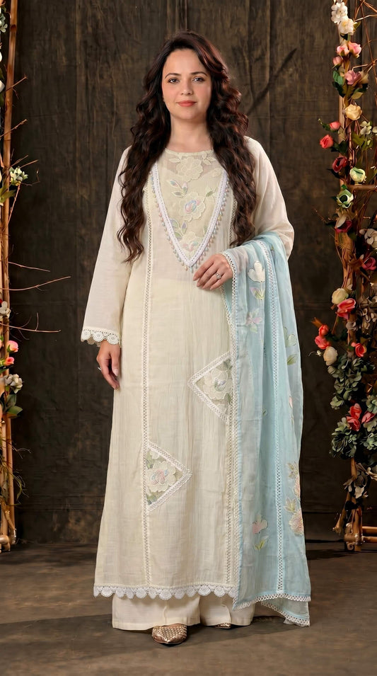 White Floral Ethnic Suit with Embroidered Mull Cotton Blue Dupatta