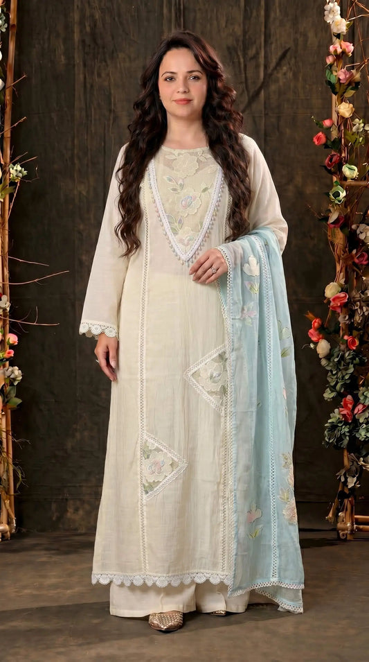 Floral Ethnic Suit with Embroidered Mull Cotton Blue Dupatta
