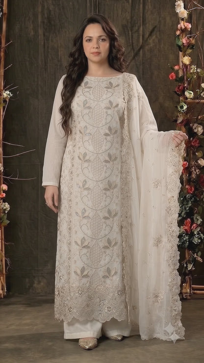 Premium Designer White Marble Chiffon Suit with Intricate Cutwork, Crystal & Floral Embroidery