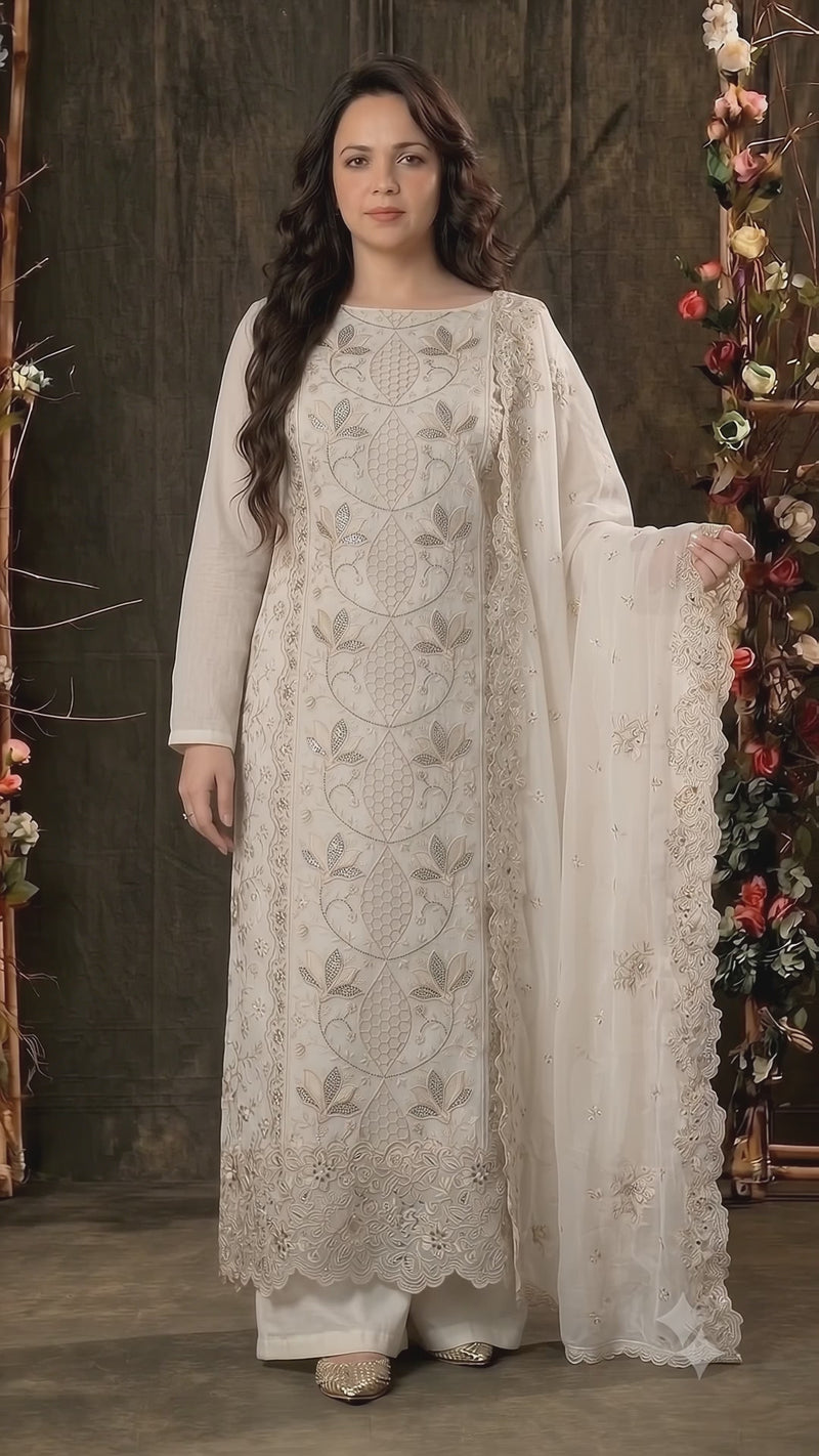 Premium Designer White Marble Chiffon Suit with Intricate Cutwork, Crystal & Floral Embroidery