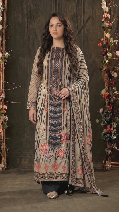 Premium Designer Beige Black Silk Suit with Floral Print, Pearl Work & Elegant Dupatta