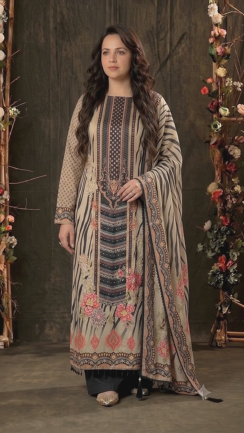 Premium Designer Beige Black Silk Suit with Floral Print, Pearl Work & Elegant Dupatta