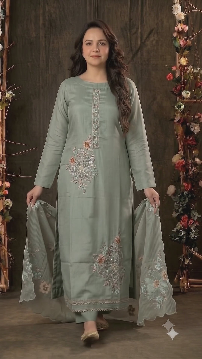 Premium Designer Sage Green Organza Suit with Pastel Floral Hand Embroidery, Sequin & Bead Work