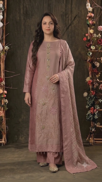 Premium Designer Dusty Rose Pink Banarasi Suit with Royal Floral Hand Work