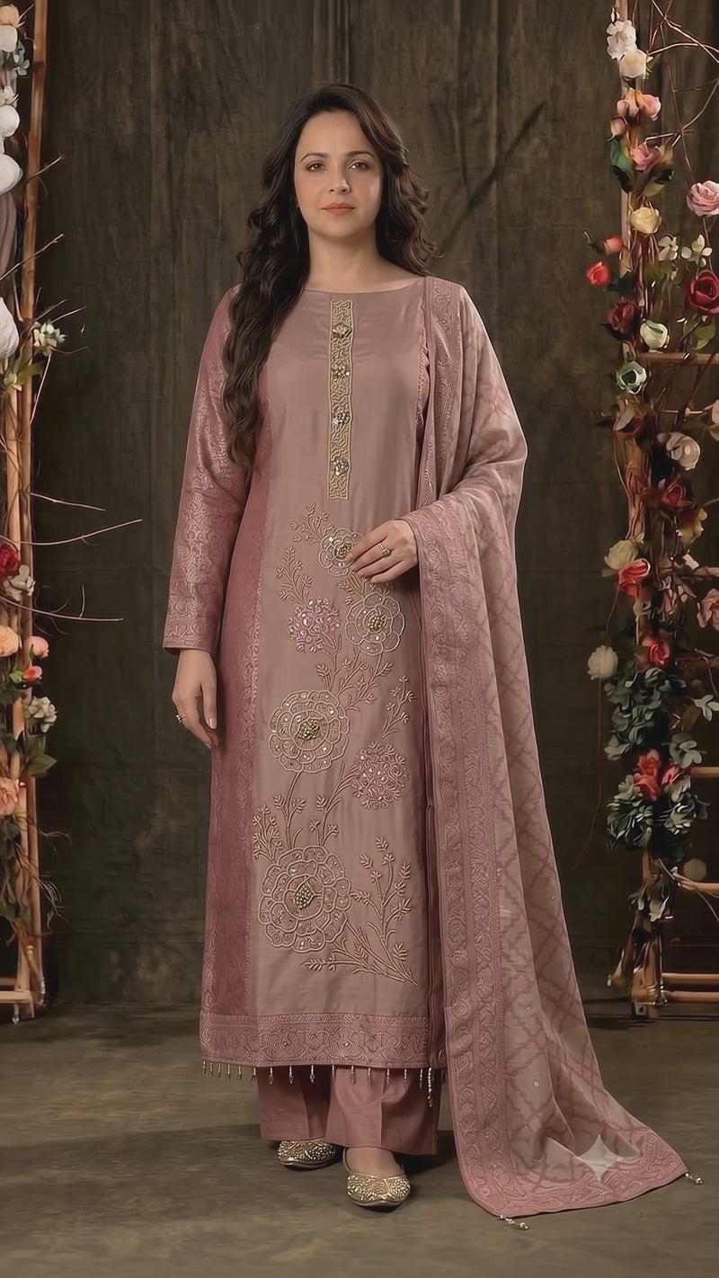 Premium Designer Dusty Rose Pink Banarasi Suit with Royal Floral Hand Work